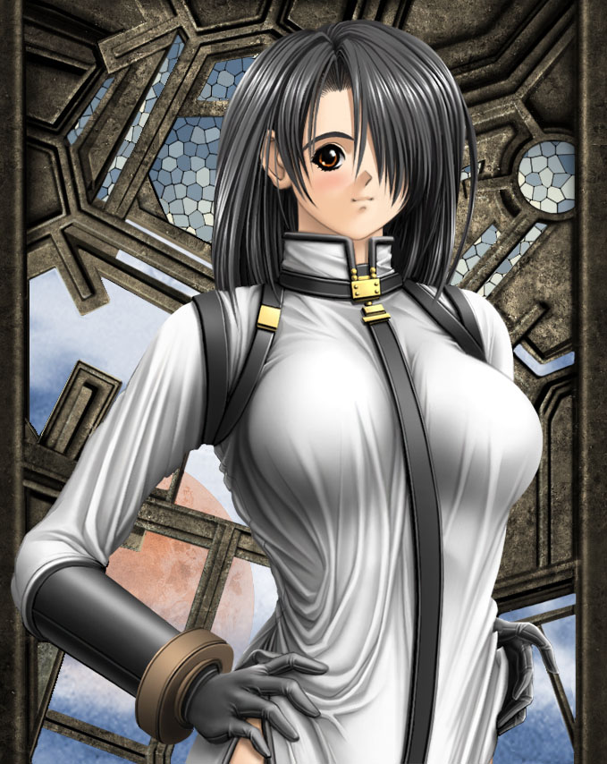norita, 1girl, black hair, breasts, brown eyes, female focus, gloves, hand on own hip, large breasts, solo, stained glass, strap