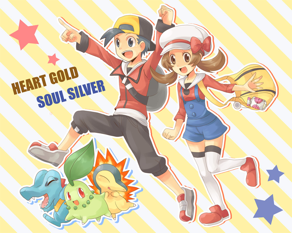 cubexcube, chikorita, cyndaquil, ethan (pokemon), lyra (pokemon), totodile, nintendo, pokemon, pokemon hgss, striped, 00s, 1boy, 1girl, alternate costume, backpack, bag, baseball cap, brown eyes, brown hair, cellphone, gen 2 pokemon, handbag, hat, hat ribbon, newsboy cap, overalls, phone, pokemon (creature), randoseru, red ribbon, ribbon, shoes, short twintails, smile, sneakers, star (symbol), starter pokemon trio, thighhighs, twintails, white thighhighs