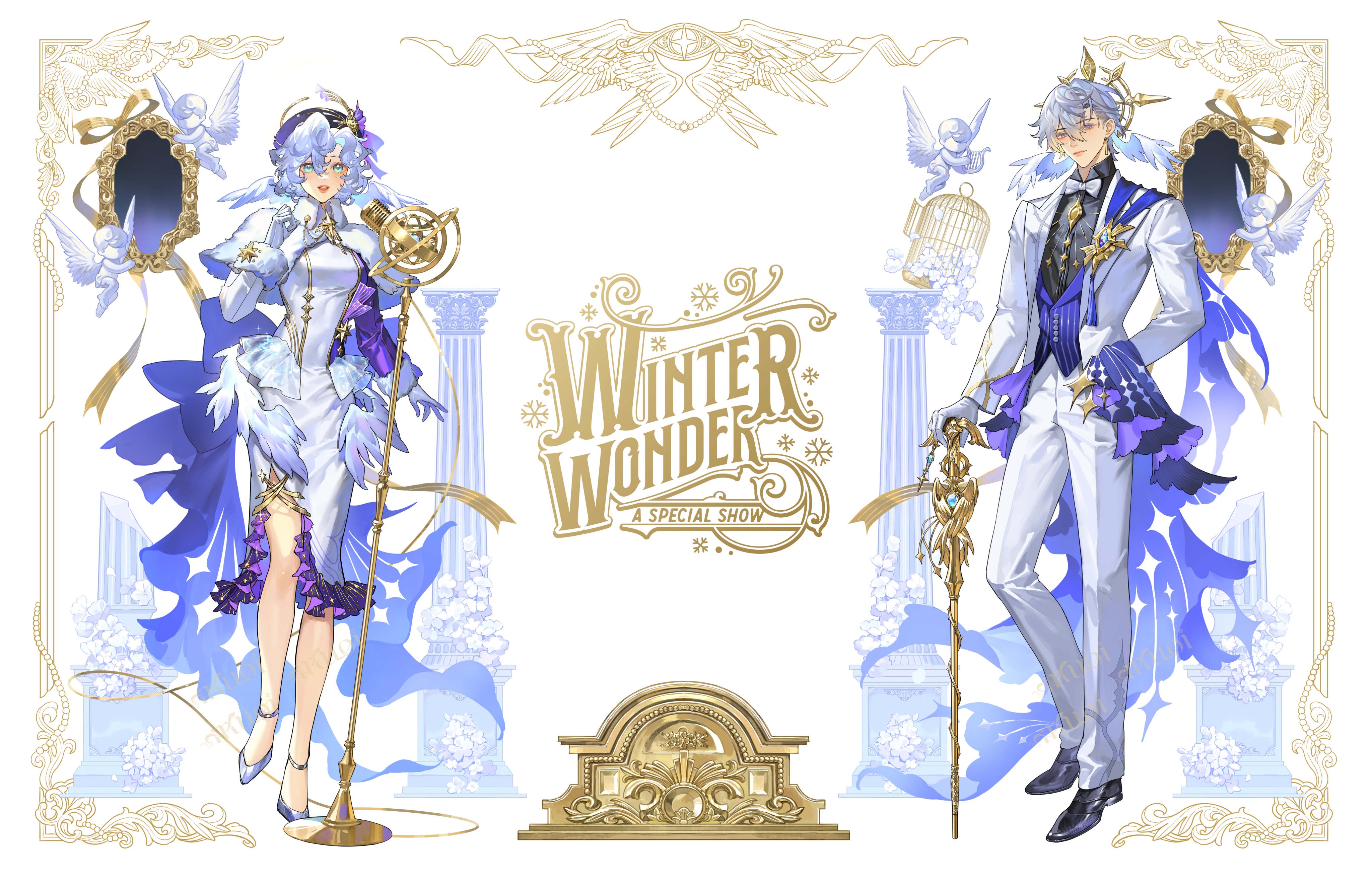 muoi, robin (honkai: star rail), sunday (honkai: star rail), honkai: star rail, honkai (series), absurdres, commentary, english commentary, highres, 1boy, 1girl, :d, alternate costume, alternate hair length, alternate hairstyle, ankle strap, arm at side, arm behind back, back bow, beret, birdcage, black shirt, black shoes, blue bow, blue coat, blue hair, blue vest, border, bow, bowtie, brooch, brother and sister, buttoned cuffs, buttons, cage, cane, capelet, cherub, closed mouth, coat, collar chain (jewelry), collared capelet, column, dress, dress shoes, earrings, english text, eye symbol, feathered wings, flower, formal clothes, frilled dress, frills, full body, fur-trimmed sleeves, fur capelet, fur trim, gloves, gold earrings, green eyes, grey hair, grey shoes, hair behind ear, hair between eyes, halo, halo behind head, hand up, hat, hat ornament, head wings, hobble dress, holding, holding cane, huge bow, jewel under eye, jewelry, lips, long dress, long sleeves, looking at viewer, low wings, medium dress, microphone, microphone stand, mirror, multicolored coat, open clothes, open coat, open mouth, orange lips, ornate border, pants, peaked cap, pillar, purple coat, purple dress, purple hat, purple sleeves, ribbon, see-through dress layer, shirt, shoes, short hair, siblings, smile, spiked halo, standing, suit, tassel, thorn print, traditional bowtie, tuxedo shirt, two-tone dress, vest, vintage microphone, wavy hair, white bow, white bowtie, white capelet, white coat, white dress, white flower, white gloves, white pants, white suit, white wings, wings, yellow border, yellow eyes, yellow ribbon