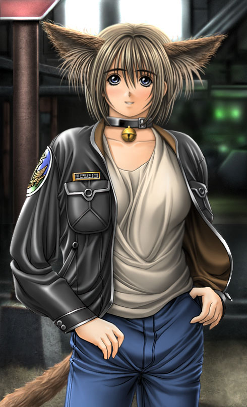 norita, animal ears, bell, bomber jacket, cat ears, cat tail, collar, denim, jacket, jeans, pants, solo, tail