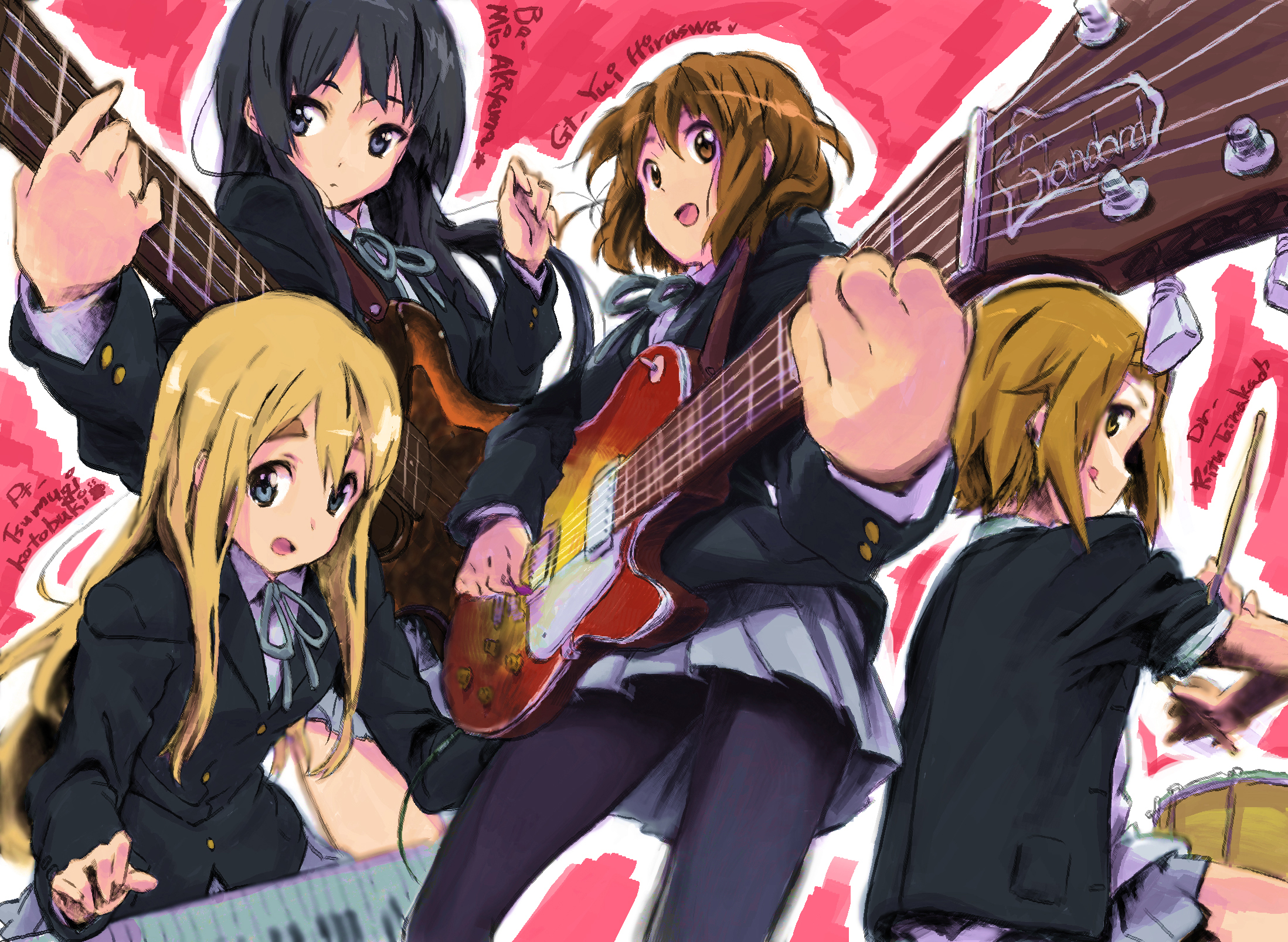 ratte, akiyama mio, hirasawa yui, kotobuki tsumugi, tainaka ritsu, k-on!, highres, 00s, 4girls, band (music), bass guitar, black hair, blonde hair, blue eyes, brown eyes, brown hair, drum, electric guitar, gibson les paul, guitar, ho-kago tea time, instrument, keyboard, keyboard (instrument), long hair, multiple girls, pantyhose, pov, school uniform, short hair, synthesizer, tomboy