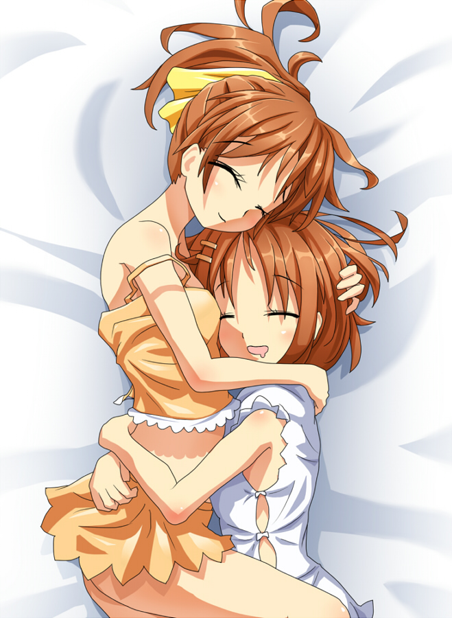 mikan (bananoha), hirasawa ui, hirasawa yui, k-on!, bad id, bad pixiv id, 00s, 2girls, alternate color, barefoot, brown hair, close-up, closed eyes, hug, lying, multiple girls, one eye closed, ponytail, saliva, short hair, siblings, sisters, sleeping, yuri