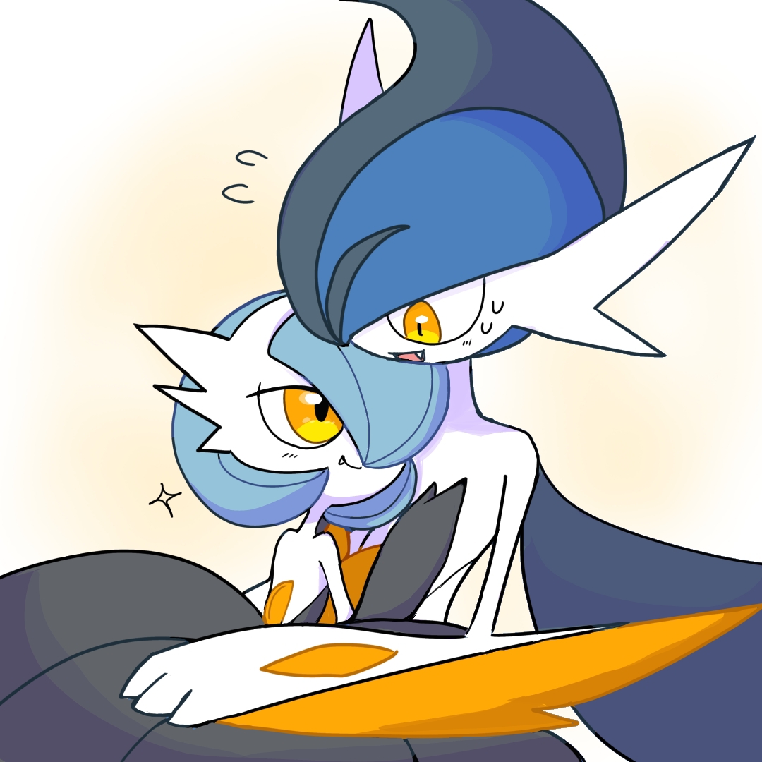 monya, gallade, gardevoir, mega gallade, mega gardevoir, nintendo, pokemon, 1boy, 1girl, alternate color, arm blade, back, backless dress, backless outfit, bare shoulders, black dress, black hair, blue hair, bob cut, closed mouth, colored skin, dress, eye contact, fang, fang out, flying sweatdrops, gen 3 pokemon, gen 4 pokemon, hair over one eye, half-closed eyes, hand on another's chest, happy, long dress, looking at another, mega pokemon, mohawk, multicolored hair, one eye covered, open mouth, orange eyes, pokemon (creature), shiny pokemon, short hair, simple background, smile, strapless, strapless dress, sweat, two-tone hair, weapon, white skin, yellow background