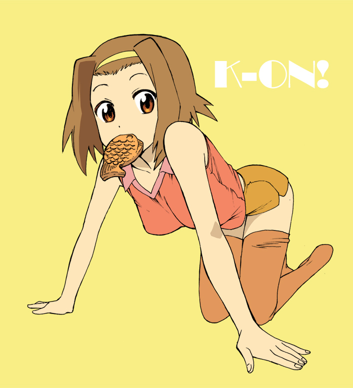 kikumaru bunta, tainaka ritsu, k-on!, 00s, 1girl, all fours, bare shoulders, breasts, brown eyes, brown hair, copyright name, dolphin shorts, female focus, fish, food, food in mouth, full body, hairband, large breasts, looking at viewer, mouth hold, no shoes, orange thighhighs, shirt, short hair, short shorts, shorts, simple background, sleeveless, sleeveless shirt, solo, taiyaki, thighhighs, tomboy, wagashi, yellow background