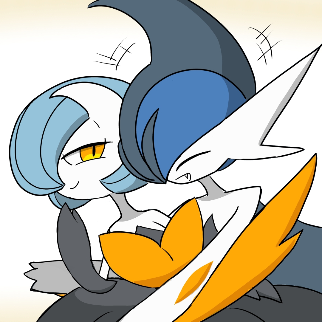 monya, gallade, gardevoir, mega gallade, mega gardevoir, nintendo, pokemon, +++, 1boy, 1girl, ^ ^, alternate color, arm blade, bare shoulders, black dress, black gloves, black hair, blue hair, bob cut, closed eyes, closed mouth, colored skin, dress, elbow gloves, fang, gen 3 pokemon, gen 4 pokemon, gloves, gradient background, hair over one eye, half-closed eyes, hand to own mouth, hand up, happy, hug, looking at another, mega pokemon, mohawk, multicolored hair, one eye covered, open mouth, orange eyes, pokemon (creature), shiny pokemon, short hair, simple background, smile, strapless, strapless dress, two-tone hair, upper body, weapon, white background, white skin