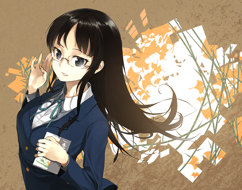 sasamori tomoe, akiyama mio, k-on!, bad id, bad pixiv id, 00s, 1girl, adjusting eyewear, bespectacled, black hair, blazer, blue eyes, book, female focus, glasses, jacket, long hair, ribbon, school uniform, solo