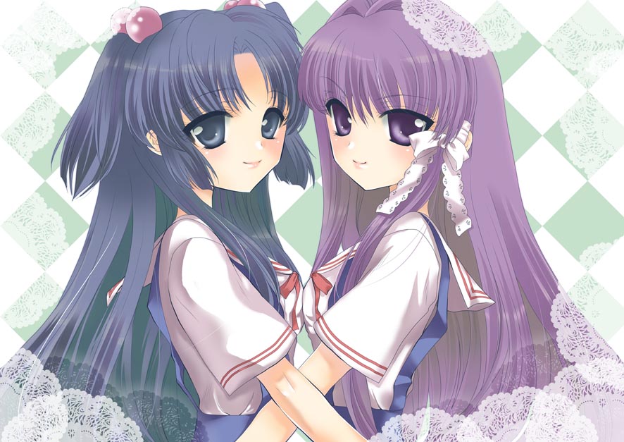 sakasaka, fujibayashi kyou, ichinose kotomi, clannad, bad id, bad pixiv id, 00s, 2girls, blue eyes, blue hair, hair bobbles, hair ornament, long hair, multiple girls, purple eyes, purple hair, school uniform, symmetry, twintails, two side up