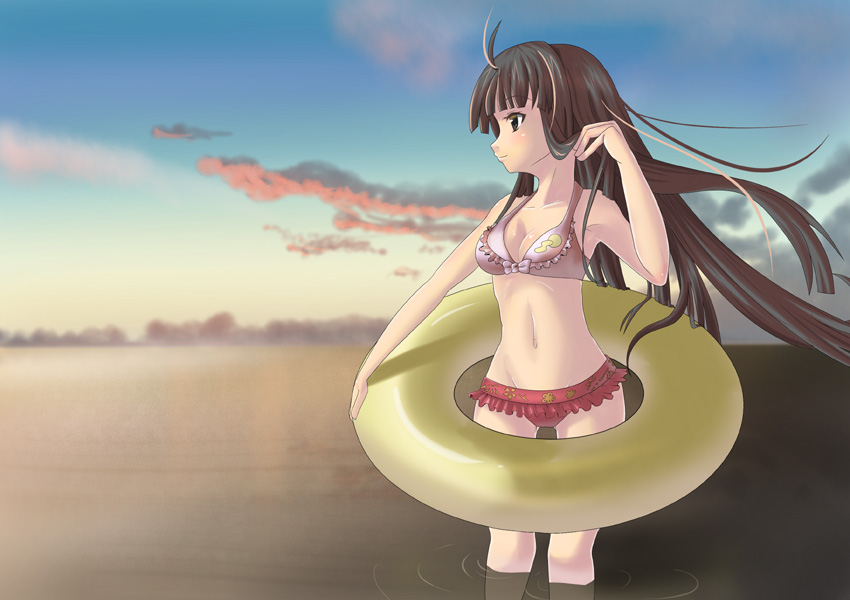 beniimo, mihamimo, houraisan kaguya, touhou, bad id, bad pixiv id, 1girl, bikini, black eyes, black hair, female focus, innertube, long hair, solo, swim ring, swimsuit, wading, water