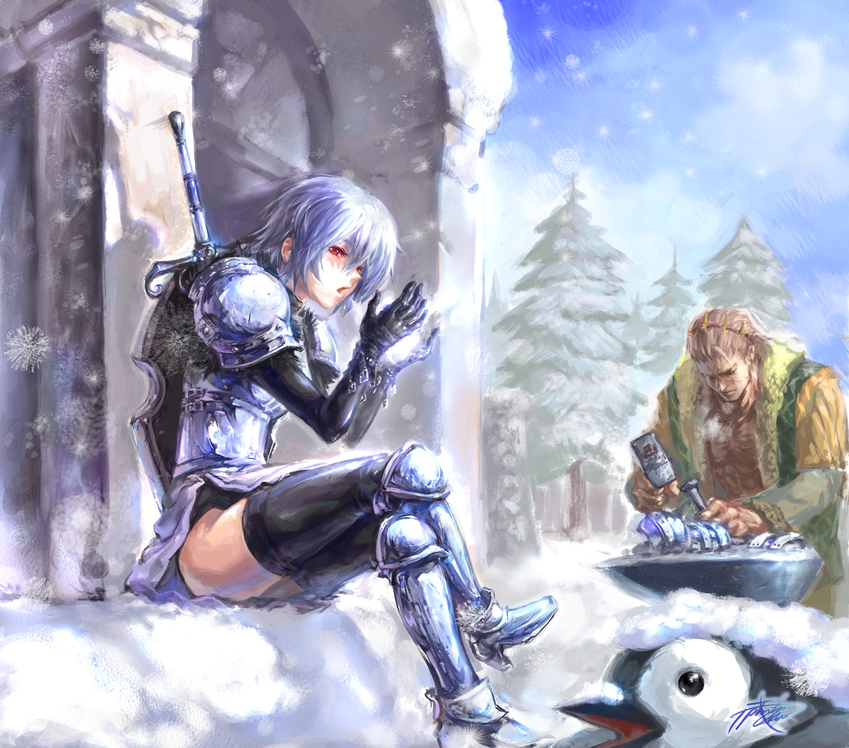 phantom ix row, player character (mabinogi), taunes, mabinogi, 1boy, 1girl, armor, bird, blue hair, giant, penguin, red eyes, shield, short hair, snow, sword, thighhighs, tree, weapon, winter