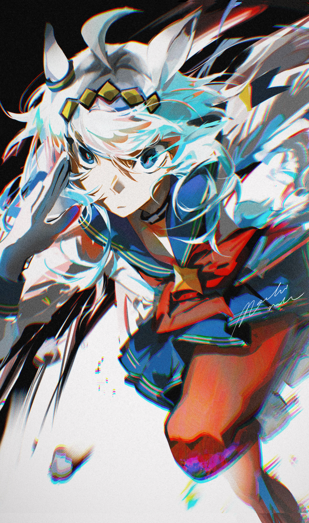 machi mile00, oguri cap (starlight beat) (umamusume), oguri cap (umamusume), umamusume, highres, 1girl, ahoge, animal ears, blue eyes, blue sailor collar, blue skirt, boots, brooch, closed mouth, ear ornament, grey hair, grey tail, hair between eyes, hairband, horse ears, horse girl, horse tail, jacket, jewelry, knee up, long hair, long sleeves, multicolored hair, neckerchief, pantyhose, red neckerchief, red pantyhose, running, sailor collar, shirt, skirt, solo, star brooch, tail, white boots, white jacket, white shirt