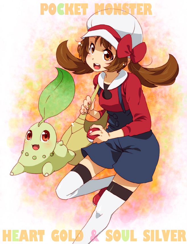 takanashi ringo, chikorita, lyra (pokemon), nintendo, pokemon, pokemon hgss, 00s, 1girl, bag, blush, bow, brown eyes, brown hair, copyright name, gen 2 pokemon, handbag, hat, hat ribbon, holding, holding poke ball, newsboy cap, overalls, poke ball, poke ball (basic), pokemon (creature), red ribbon, ribbon, short twintails, smile, thighhighs, twintails, white thighhighs
