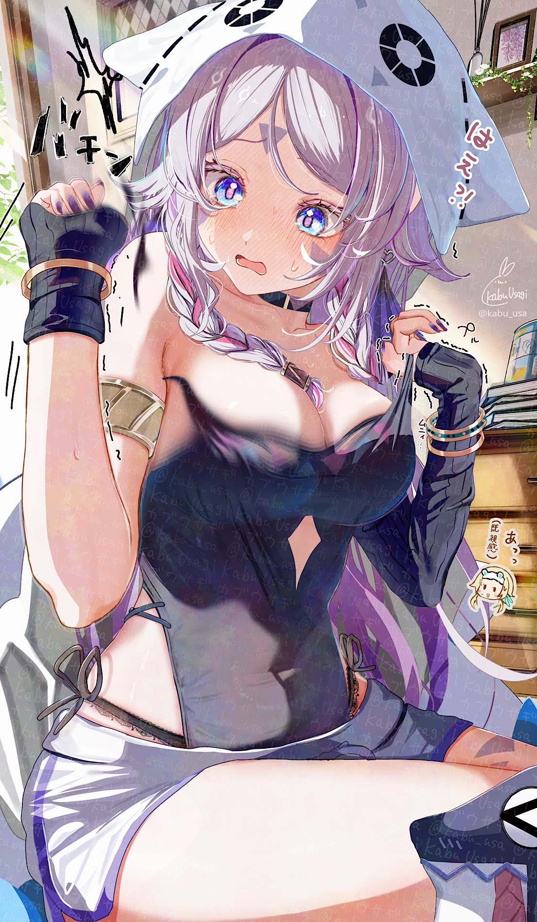 kabu usagi, citlali (genshin impact), itzpapa (genshin impact), lumine (genshin impact), genshin impact, commentary request, highres, translation request, 1girl, asymmetrical gloves, bare shoulders, black choker, black gloves, black leotard, blue eyes, blush, bouncing breasts, braid, breasts, choker, cleavage, covered navel, facial mark, fingerless gloves, forehead mark, gloves, hands up, leotard, long hair, medium breasts, open mouth, parted bangs, peanut mouth, pink hair, pink pupils, signature, sitting, small sweatdrop, strap pull, too many watermarks, triangle, triangle facial mark, twin braids, twitter username, uneven gloves, very long hair, watermark