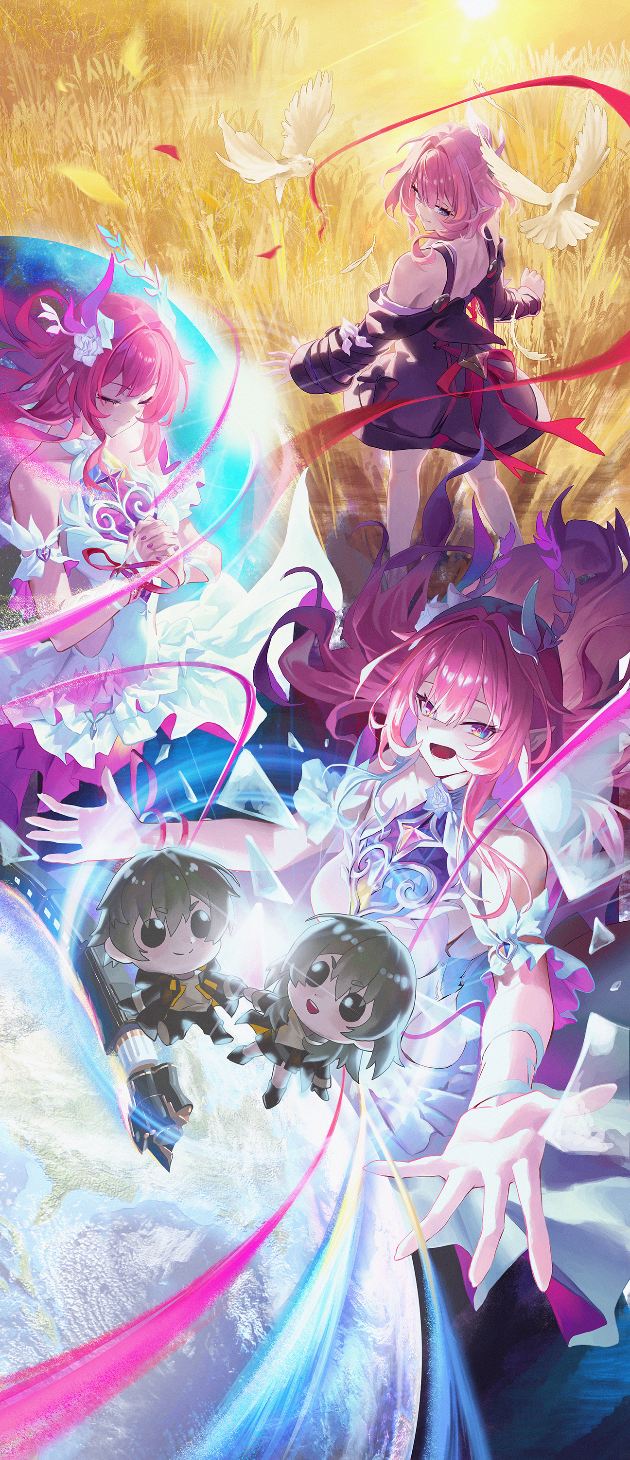 momo (2240807), caelus (honkai: star rail), cyrene (honkai: star rail), cyrene (ripples of past reverie) (honkai: star rail), stelle (honkai: star rail), trailblazer (honkai: star rail), honkai: star rail, honkai (series), absurdres, commentary, highres, 2girls, astral express (honkai: star rail), bird, breasts, character doll, coat, cyrene (aedes elysiae) (honkai: star rail), diamond-shaped pupils, diamond (shape), doll, dove, dress, dual persona, large breasts, long hair, multiple girls, open mouth, pink eyes, purple coat, purple eyes, short hair, symbol-shaped pupils, very long hair, wheat, wheat field, white dress