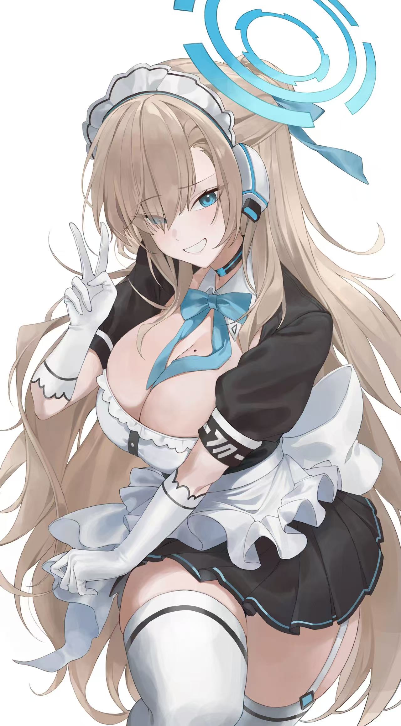 asuna (blue archive), blue archive, highres, 1girl, apron, black dress, blonde hair, blue bow, blue bowtie, blue eyes, blue halo, blush, bow, bowtie, breasts, choker, dress, frilled apron, frilled skirt, frills, gloves, grin, hair over one eye, half updo, halo, headphones, large breasts, long hair, looking at viewer, maid, maid apron, maid headdress, mana4o, mole, mole on breast, puffy short sleeves, puffy sleeves, short sleeves, skirt, smile, solo, thighhighs, thighs, v, very long hair, white gloves, white thighhighs
