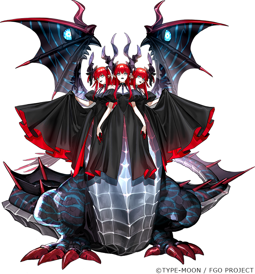 wada arco, elizabeth bathory (fate), fate/grand order, fate (series), official art, 3girls, asymmetrical horns, black dress, black lips, blue eyes, clothing cutout, colored fingertips, dragon girl, dragon horns, dragon tail, dragon wings, dress, eliza arsia, eliza ascreaus, eliza pavonis, full body, hair ribbon, horns, king eliza, long hair, looking at viewer, monster girl, multiple girls, multiple heads, one side up, parted lips, pointy ears, puffy sleeves, red hair, ribbon, skirt hold, smile, tachi-e, tail, transparent background, wings