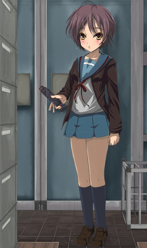 sahare, nagato yuki, suzumiya haruhi no yuuutsu, bad id, bad pixiv id, 00s, 1girl, brown eyes, closed umbrella, female focus, grey hair, purple hair, school uniform, serafuku, short hair, solo, umbrella, wet