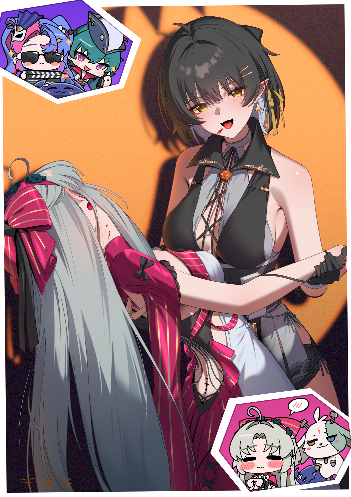 meda, abby (wuthering waves), brant (wuthering waves), carlotta (wuthering waves), female rover (wuthering waves), roccia (wuthering waves), rover (wuthering waves), wuthering waves, commentary, hashtag-only commentary, highres, 1boy, 2girls, 3girls, adapted costume, ahoge, bare shoulders, bite mark, bite mark on neck, black dress, black gloves, black hair, black shorts, blood, bow, breasts, cleavage, colored inner hair, cross-laced clothes, cross-laced dress, dress, earrings, fangs, forked hair, gloves, grey hair, hair bow, hair ornament, hair ribbon, hairband, hairclip, jacket, jewelry, large breasts, long hair, looking at viewer, medium breasts, multicolored hair, multiple girls, open mouth, parallel hairclips, partially fingerless gloves, pero (wuthering waves), photo shoot, pink bow, pink hairband, pink jacket, ribbon, shorts, sidelocks, smile, smug, spoken blush, striped bow, tacet mark (wuthering waves), triangle earrings, very long hair, white dress, yellow eyes, yellow ribbon, yuri