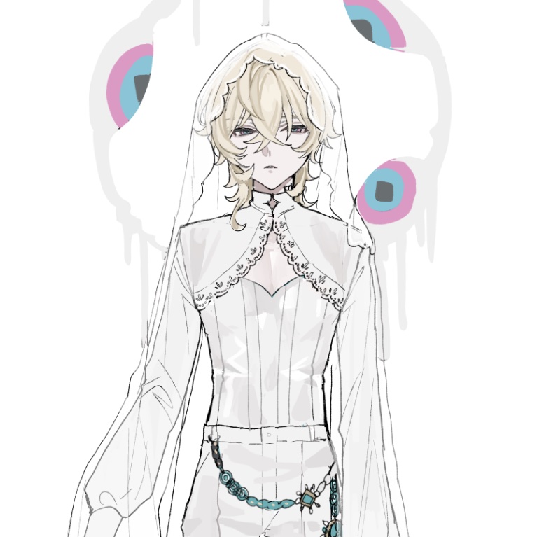 gnsn naminami, aventurine (honkai: star rail), honkai: star rail, honkai (series), 1boy, aged down, alternate costume, aqua eyes, blonde hair, cleavage cutout, clothing cutout, cowboy shot, crossed bangs, disembodied eye, expressionless, hair between eyes, layered sleeves, long hair between eyes, long sleeves, looking at viewer, male focus, medium hair, melting, multicolored eyes, pants, parted lips, pink eyes, see-through clothes, see-through sleeves, see-through veil, shirt tucked in, solo, standing, straight-on, two-tone eyes, veil, wallet chain, white background, white pants, white veil