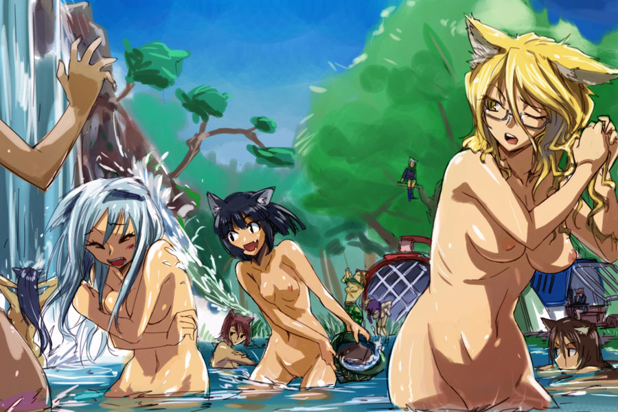 michael f91, 6+girls, animal ears, aqua hair, bathing, blonde hair, blue hair, breasts, brown hair, cat ears, cat girl, closed eyes, covered erect nipples, female focus, glasses, large breasts, long hair, multiple girls, nipples, nude, one eye closed, open mouth, outdoors, purple hair, red hair, same-sex bathing, shared bathing, smile, splashing, tree, water, waterfall, wink