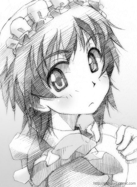 gofu, kamigamo jun, natsu no arashi!, traditional media, 00s, 1girl, androgynous, female focus, greyscale, hairband, maid, monochrome, portrait, reverse trap, short hair, sketch, solo