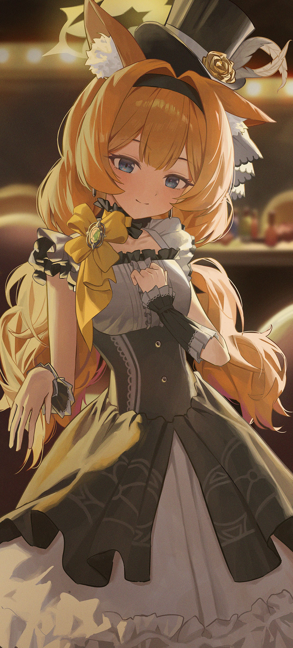 mari (blue archive), mari (idol) (blue archive), blue archive, highres, 1girl, animal ears, black dress, black hat, blue eyes, breasts, cat ears, cat girl, dress, halo, hat, official alternate costume, official alternate hairstyle, orange hair, small breasts, solo, sweetcho, yellow halo