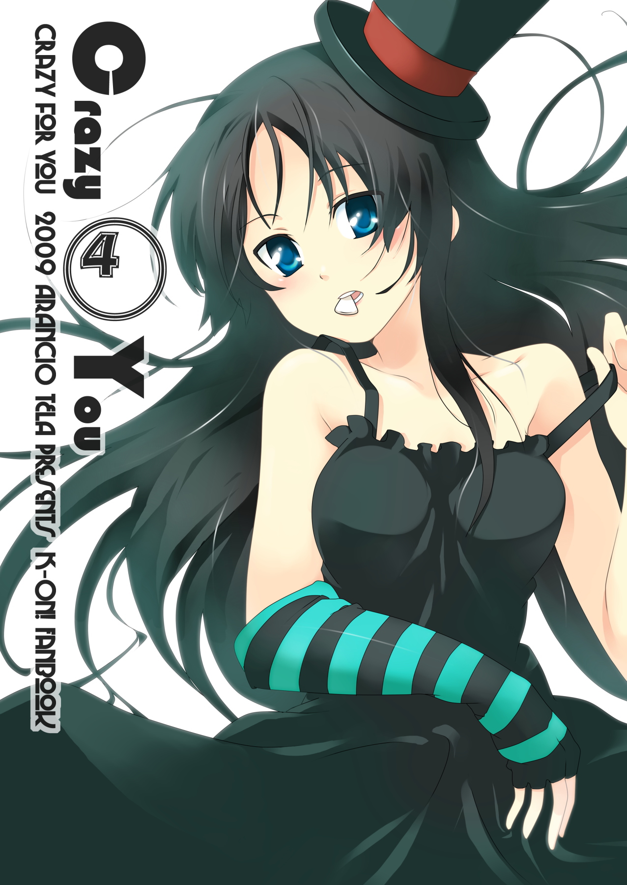 mitsuki meia, akiyama mio, don't say "lazy", k-on!, highres, 00s, 1girl, black hair, blue eyes, dress, female focus, fingerless gloves, gloves, hat, long hair, mouth hold, plectrum, solo, top hat