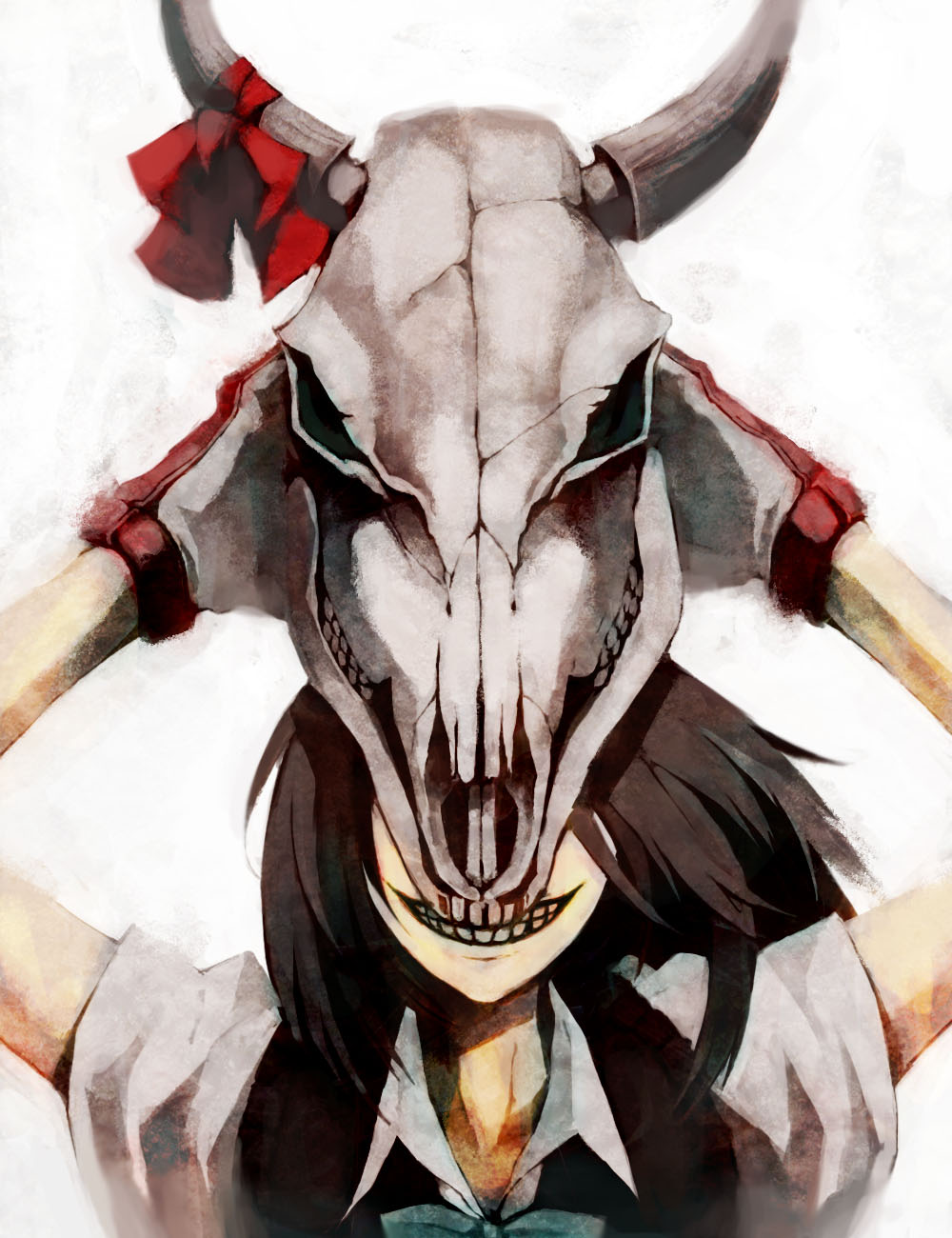 9ji, 9ji (8giri), original, highres, black hair, gloves, grin, helmet, horns, ribbon, school uniform, skull, smile, solo, teeth