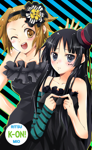gen (enji), akiyama mio, tainaka ritsu, don't say "lazy", k-on!, striped, bad id, bad pixiv id, 00s, 2girls, black eyes, black hair, brown eyes, brown hair, dress, facepaint, fingerless gloves, gloves, hat, long hair, mini hat, mini top hat, multiple girls, one eye closed, short hair, single glove, tomboy, top hat, wink