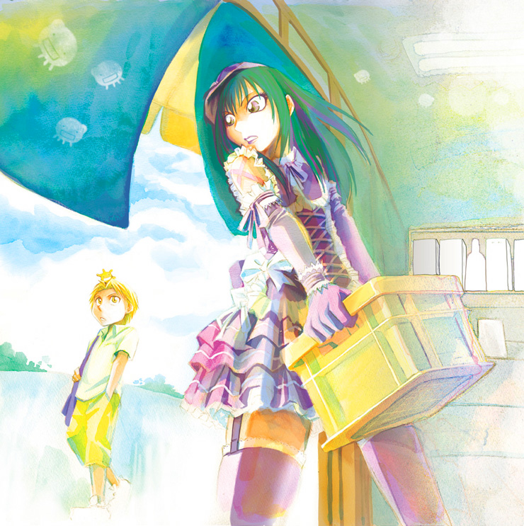 yuki (kinkoi), yuki (pixiv4446), oryzae-tan, sawaki souemon tadayasu, yuuki kei, moyashimon, 2boys, basket, blonde hair, bow, colorful, crossdressing, crossdressing (mtf), dress, frills, gloves, goth fashion, gothic lolita, hiding, lipstick, lolita fashion, long hair, makeup, male focus, multicolored hair, multiple boys, picnic basket, short hair, thighhighs, trap, zettai ryouiki