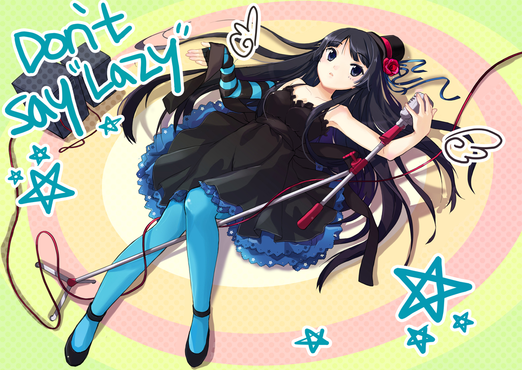 jin young-in, akiyama mio, don't say "lazy", k-on!, bad id, bad pixiv id, 00s, 1girl, black eyes, black hair, blue pantyhose, cable, dress, entangled, female focus, hat, high heels, long hair, lying, microphone, microphone stand, mini hat, mini top hat, pantyhose, pentagram, shoes, solo, speaker, top hat