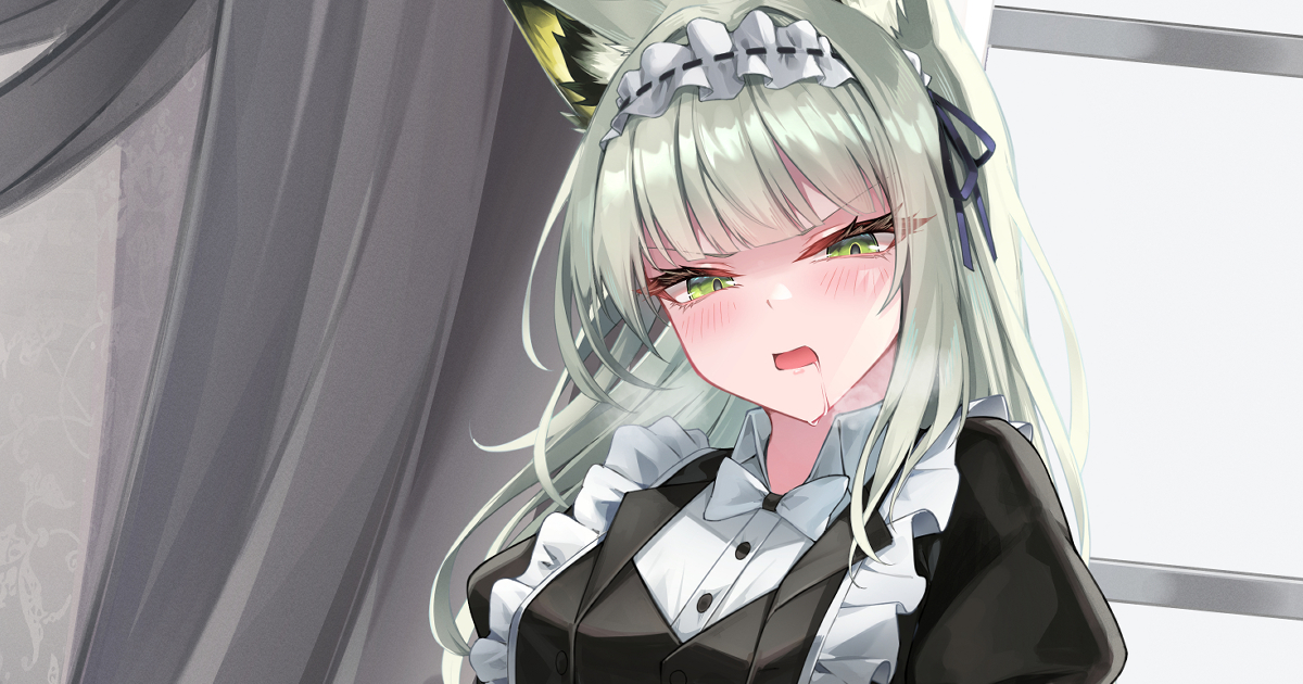 yeosi, kal'tsit (arknights), kal'tsit (the remains of time) (arknights), arknights, 1girl, :o, animal ears, apron, black dress, blush, breasts, cat ears, cat girl, close-up, dress, green eyes, green hair, half-closed eyes, indoors, long hair, looking at viewer, maid apron, maid headdress, medium breasts, solo, white apron
