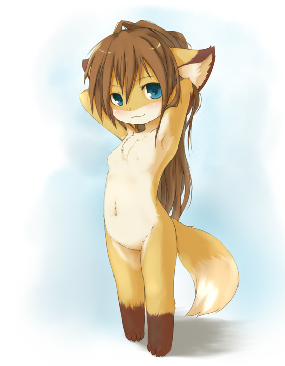 ka (pixiv341010), kagerofu, bad id, 1girl, :3, animal ears, animal hands, armpits, arms up, barefoot, blue eyes, blush, female focus, fox, furry, furry female, loli, long hair, nipples, nude, smile, solo, tail