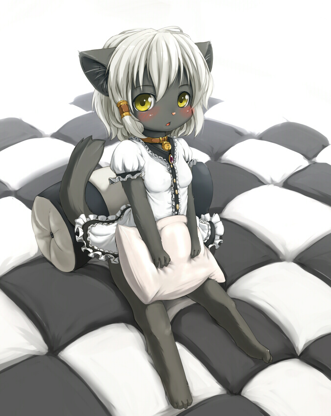 ka (pixiv341010), kagerofu, bad id, 1girl, animal ears, barefoot, bell, blush, cat ears, child, collar, female focus, furry, furry female, neck bell, pillow, sitting, solo, white hair, yellow eyes