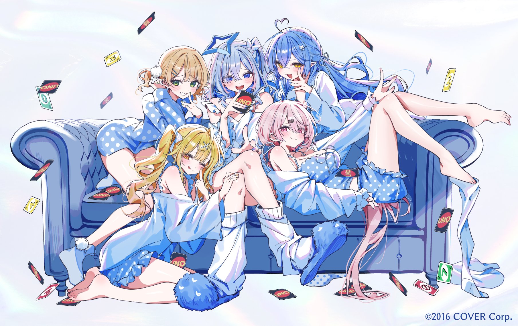 kudo eru, amane kanata, hoshikawa sara, shigure ui (vtuber), shiina yuika, yukihana lamy, hololive, indie virtual youtuber, nijisanji, highres, official art, 5girls, ahoge, bare shoulders, blonde hair, blue eyes, blue hair, blue slippers, blue socks, breasts, brown hair, closed mouth, couch, elf, full body, green eyes, long hair, long sleeves, looking at viewer, loose socks, multiple girls, on couch, open mouth, pink eyes, pink hair, pointy ears, simple background, sitting, slippers, smile, socks, thighhigh dangle, thighhighs, unworn legwear, virtual youtuber, white background, white socks, white thighhighs, yellow eyes
