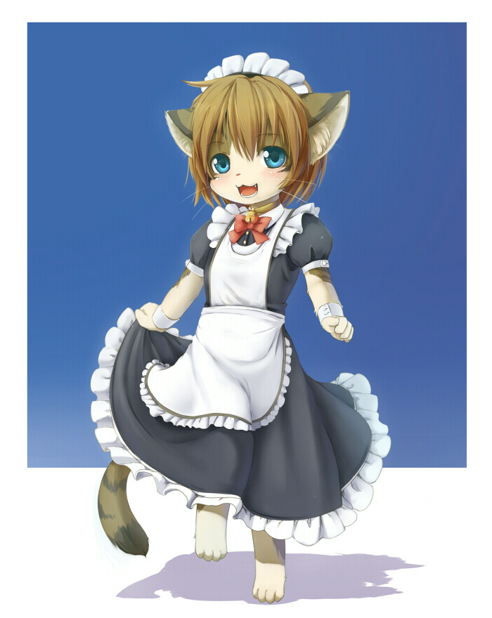 kagerofu, 1girl, animal ears, apron, barefoot, bell, blue eyes, blush, brown hair, cat, cat ears, cat tail, child, collar, fang, female focus, furry, furry female, happy, maid, maid apron, maid headdress, neck bell, open mouth, ribbon, short hair, skirt, solo, tail