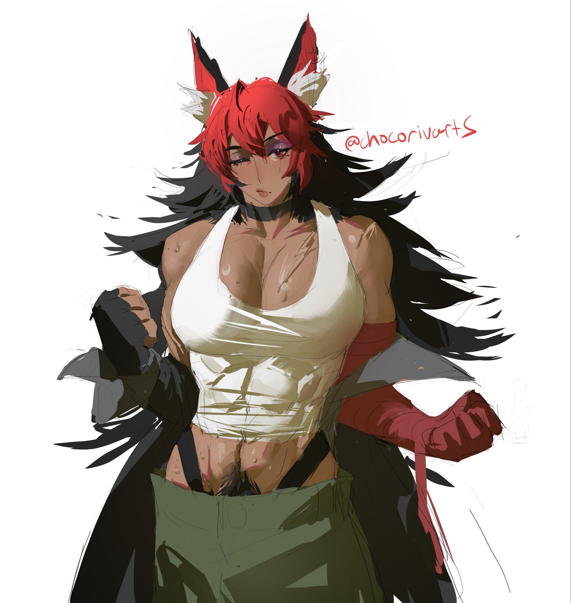 chocorivarts, komano manato, zenless zone zero, commentary, english commentary, highres, 1girl, animal ear fluff, animal ears, bare shoulders, black eyeliner, black gloves, black hair, black jacket, body fur, breasts, cargo pants, clenched hands, closed mouth, collar, cowboy shot, crop top, dog ears, dog girl, eyelashes, eyeliner, eyeshadow, female pubic hair, fingerless gloves, genderswap, genderswap (mtf), gloves, green pants, hair between eyes, jacket, large breasts, long hair, looking at viewer, makeup, multicolored hair, multiple scars, muscular, muscular female, off shoulder, one eye closed, pants, pubic hair, purple eyeshadow, red bandage, red eyes, red hair, scar, scar across eye, scar on breasts, scar on chest, scar on face, scar on shoulder, shirt, simple background, single glove, sketch, solo, sweat, taut clothes, taut shirt, twitter username, white background, white shirt