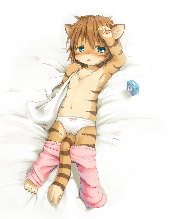 ka (pixiv341010), kagerofu, bad id, 1girl, animal ears, animal hands, barefoot, bed, blue eyes, blush, cameltoe, clock, female focus, furry, furry female, loli, lying, pajamas, panties, ribbon, sleepy, solo, topless female, underwear, undressing