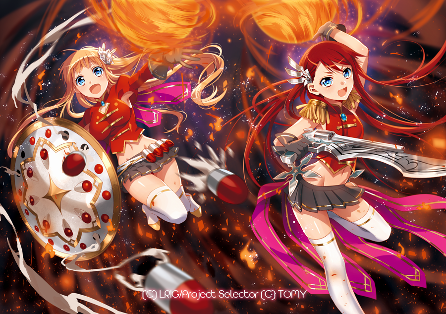 murakami yuichi, wixoss, official art, 2girls, ahoge, black skirt, blue eyes, brown hair, copyright notice, flower, gloves, hair flower, hair ornament, long hair, looking at viewer, multiple girls, open mouth, red hair, red shirt, shirt, skirt, smile, thighhighs, white gloves, white thighhighs