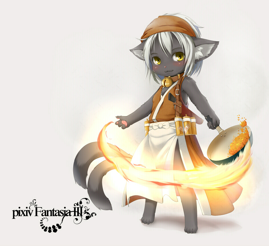 kagerofu, pixiv fantasia, 1girl, :3, animal ears, animal hands, barefoot, bell, blush, cat ears, cat tail, collar, cooking, female focus, fire, food, frying pan, furry, furry female, hat, knife, looking at viewer, neck bell, simple background, solo, standing, tail, white hair, yellow eyes