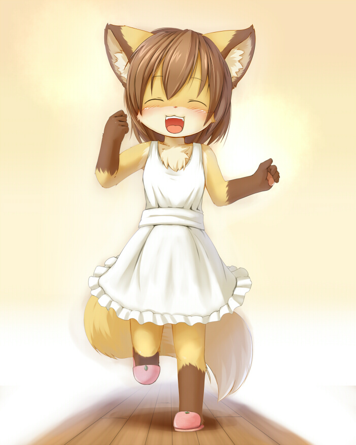 ka (pixiv341010), kagerofu, bad id, 1girl, animal ears, animal hands, apron, blush, closed eyes, female focus, fox ears, fox tail, furry, furry female, happy, loli, naked apron, open mouth, running, slippers, smile, solo, tail