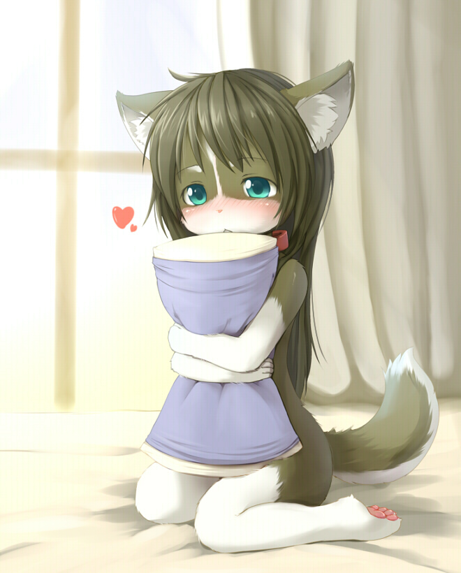 kagerofu, 1girl, :<, animal ears, animal hands, aqua eyes, barefoot, blush, collar, feet, female focus, furry, furry female, heart, hug, hugging object, kneeling, loli, long hair, nude, pawpads, pillow, pillow hug, soles, solo, tail, toes, window