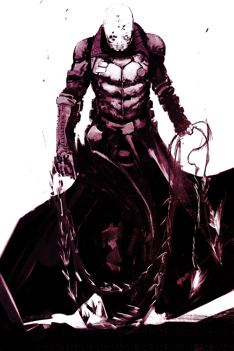 so-bin, higaide, biomega, bad id, bad pixiv id, highres, 1boy, armor, male focus, mask, monochrome, solo, weapon