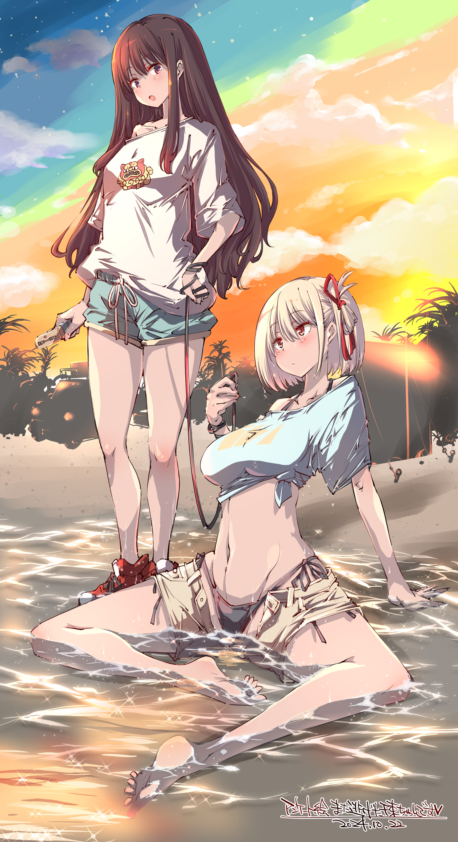yazawa mana, inoue takina, nishikigi chisato, lycoris recoil, absurdres, highres, 2girls, barefoot, beach, bikini, black bikini, black hair, blonde hair, blush, breasts, closed mouth, collarbone, full body, holding taser, large breasts, long hair, looking at viewer, looking to the side, loose clothes, loose shirt, multiple girls, navel, open mouth, red eyes, red ribbon, red shoes, ribbon, shirt, shoes, short hair, shorts, sneakers, sunset, swimsuit, taser, thighs, wet, wet clothes