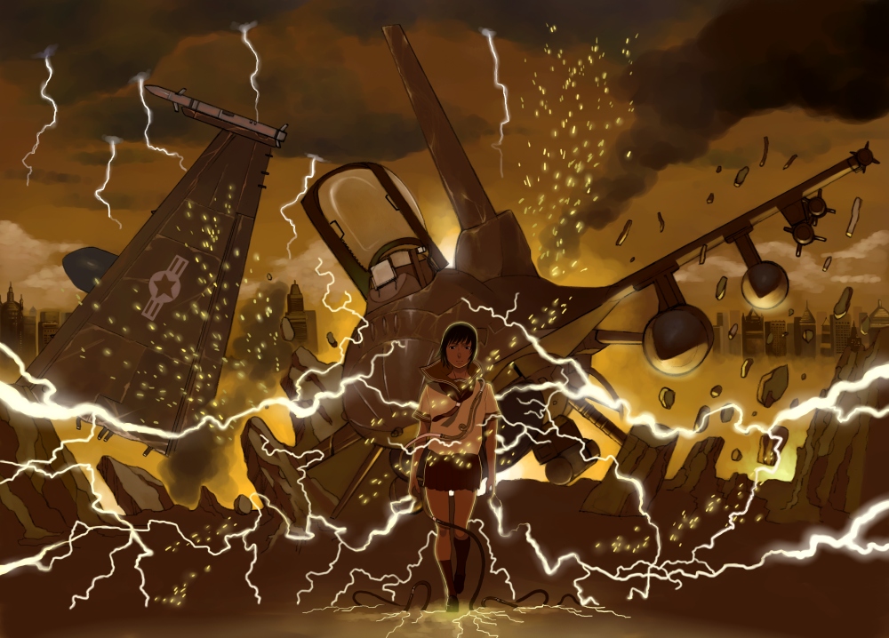 shiira, f-16, original, united states air force, bad id, bad pixiv id, 1girl, aircraft, airplane, cable, cityscape, crash, external fuel tank, female focus, fighter jet, lightning, military, military vehicle, missile, school uniform, serafuku, short hair, solo, sparkle, vehicle focus, wire