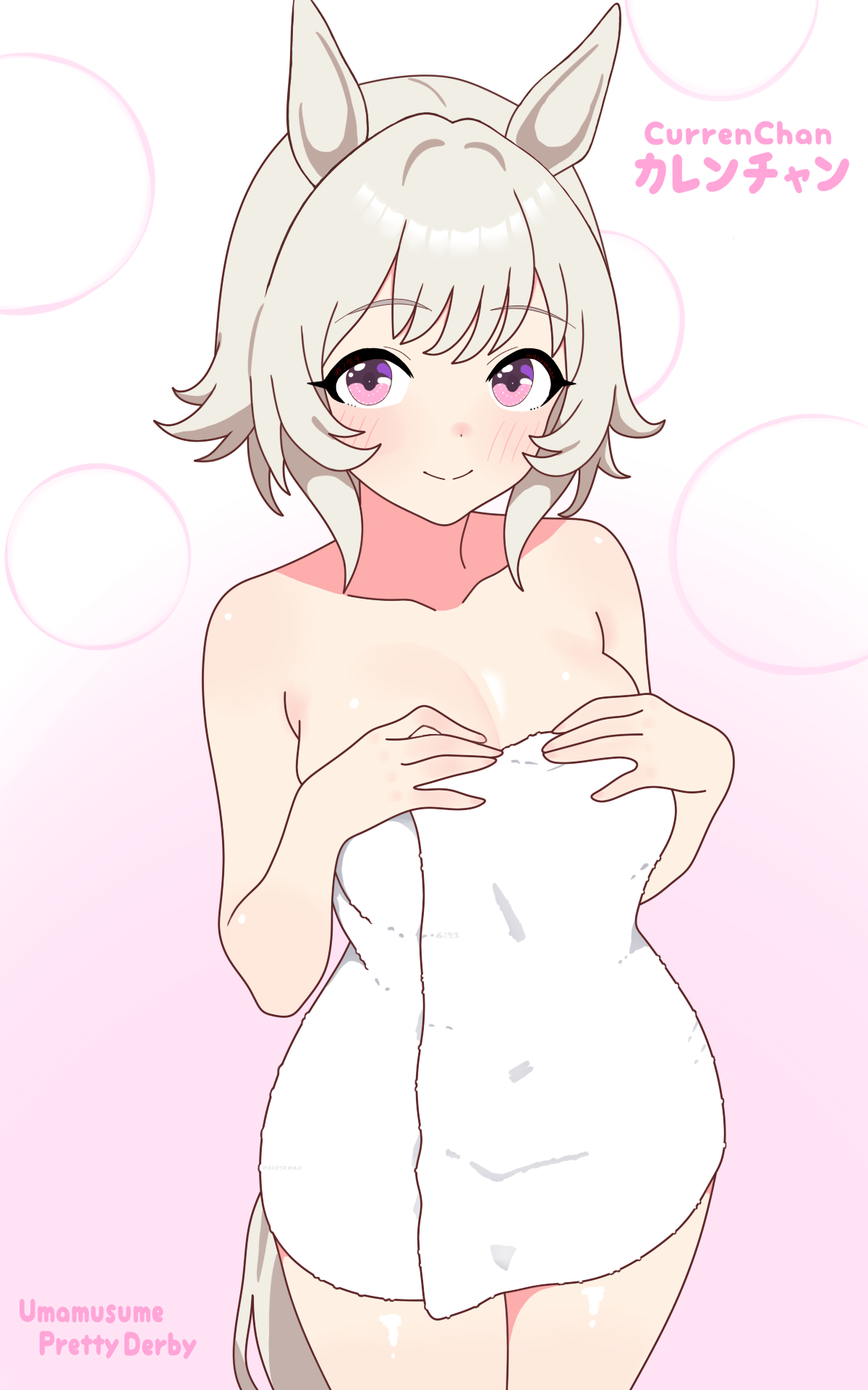 nekosensei, curren chan (umamusume), umamusume, highres, animal ears, bare shoulders, blush, breasts, closed mouth, collarbone, grey hair, hair between eyes, horse ears, horse girl, horse tail, looking at viewer, medium breasts, naked towel, purple eyes, short hair, smile, solo, tail, towel