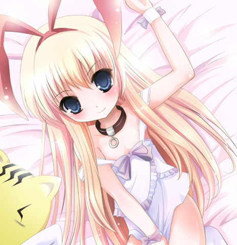 arino hiroshi, amae koromo, saki (manga), lowres, 00s, animal ears, blonde hair, blue eyes, collar, loli, lying, rabbit ears, solo