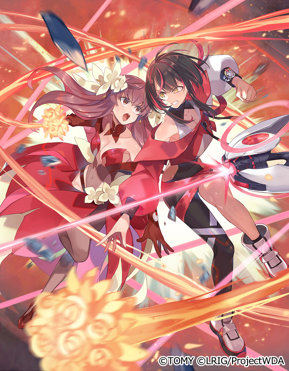 yuko (uc yuk), hanayo (wixoss), yuzuki (wixoss), wixoss, highres, official art, 2girls, black hair, black pants, brown eyes, brown hair, colored inner hair, long hair, looking at viewer, medium hair, multicolored hair, multiple girls, pants, red hair, red shirt, red skirt, red tube top, shirt, skirt, strapless, streaked hair, tube top, yellow eyes