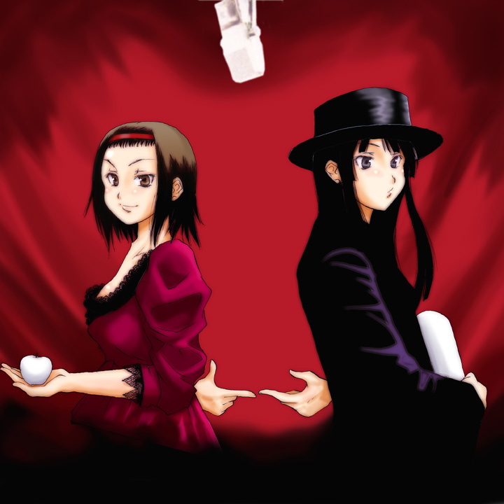 magari, p.i.l., akiyama mio, tainaka ritsu, k-on!, the white stripes, 2girls, album cover, apple, back-to-back, black hair, blunt bangs, cover, dress, food, fruit, hairband, hat, hime cut, long hair, microphone, multiple girls, parody, porkpie hat, studio microphone, tomboy, top hat