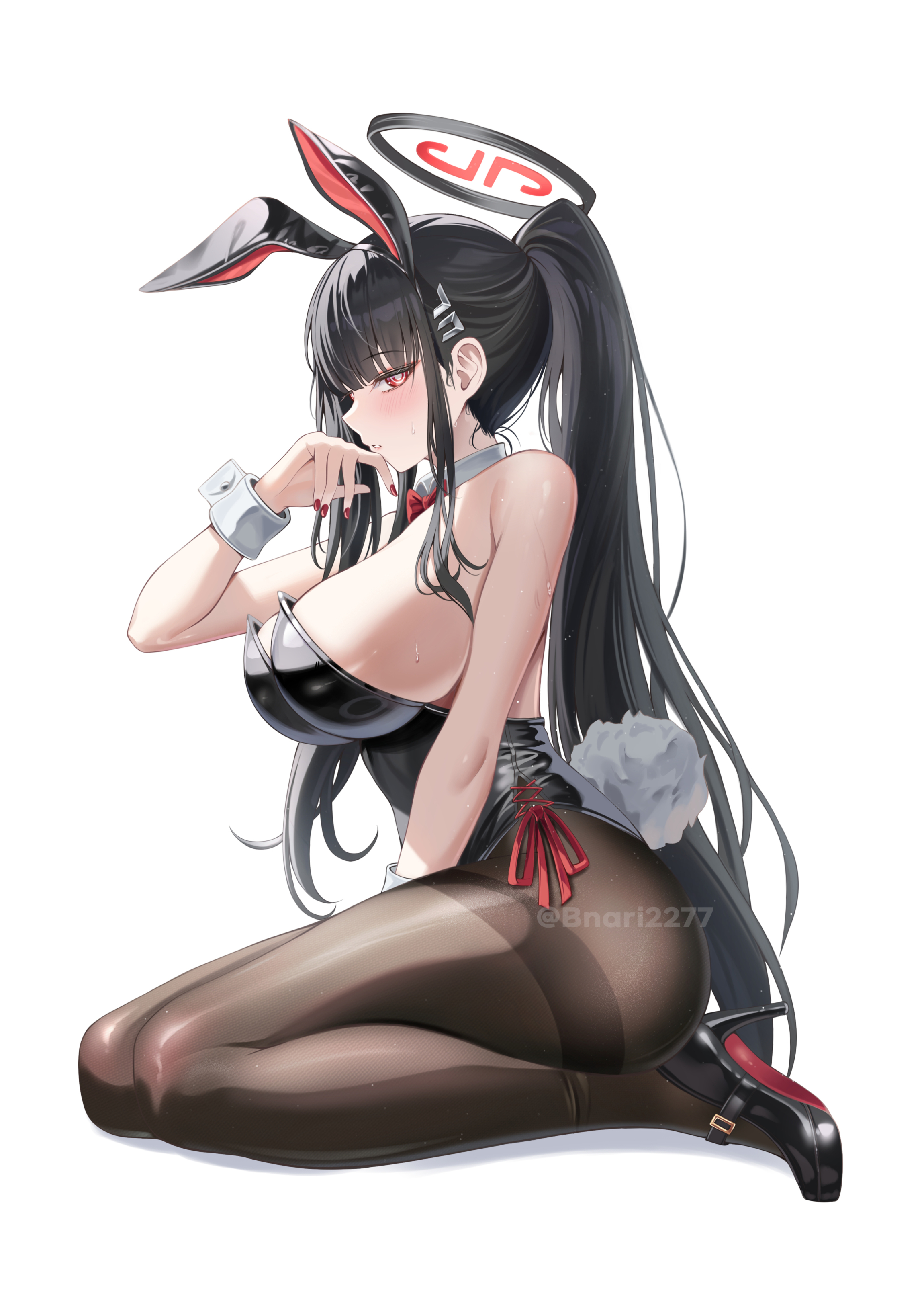 bnari, rio (blue archive), blue archive, absurdres, commentary request, highres, 1girl, animal ear hairband, animal ears, black hair, black hairband, black leotard, black pantyhose, black shoes, blush, breasts, bright pupils, fake animal ears, fake tail, fingernails, from side, full body, hairband, hand up, high heels, large breasts, leotard, long hair, nail polish, pantyhose, parted lips, playboy bunny, rabbit ears, rabbit tail, red eyes, red nails, shoes, simple background, small sweatdrop, solo, strapless, strapless leotard, tail, very long hair, white background, white wrist cuffs, wrist cuffs