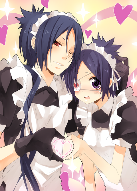 kurot, chrome dokuro, rokudou mukuro, k-on!, katekyo hitman reborn!, 1boy, 1girl, alternate costume, crossdressing, enmaided, eyepatch, gloves, heart, heart hands, heart hands duo, maid, moe moe kyun!, parody